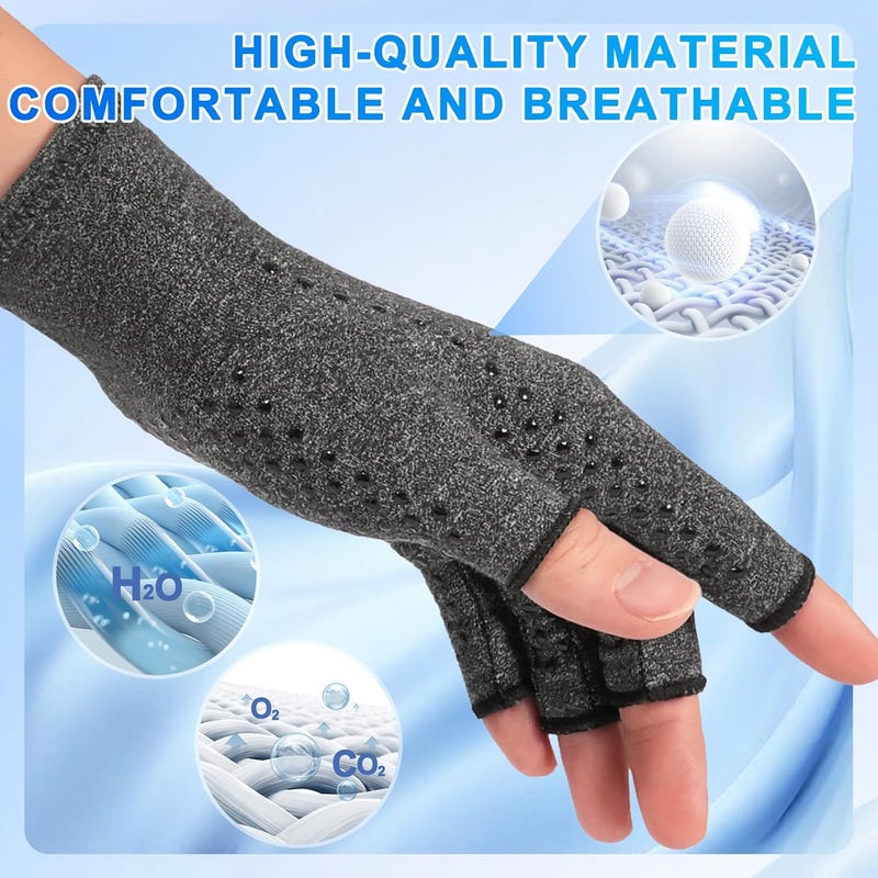 2 Pairs Arthritis Compression Gloves for Hand Pain Relief, Fingerless, Anti-Slip, Breathable - Gray - Image 4