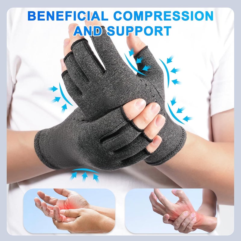 2 Pairs Arthritis Compression Gloves for Hand Pain Relief, Fingerless, Anti-Slip, Breathable - Gray - Image 2