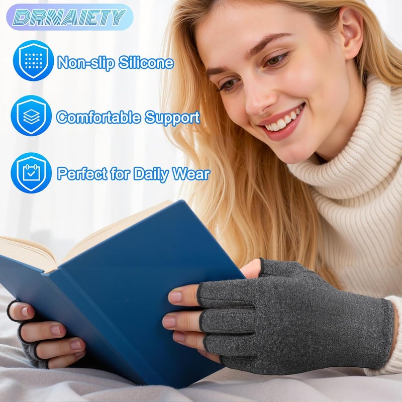 2 Pairs Arthritis Compression Gloves for Hand Pain Relief, Fingerless, Anti-Slip, Breathable - Gray - Image 5