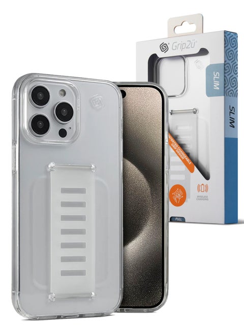 Grip2u Boost Slim Grip Band Protective Back Cover Case for Apple iPhone 15 Pro with Drop Protection Clean Action Technology and Wireless Charging Compatibility - Clear