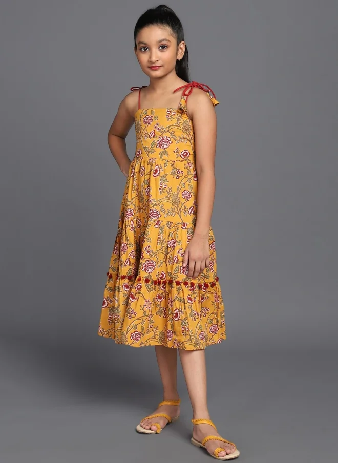 AKS Mustard Floral Printed Tiered Dress for Girls