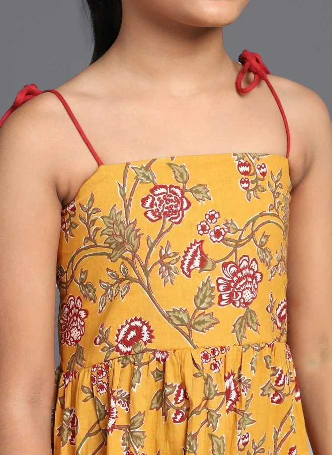 AKS Mustard Floral Printed Tiered Dress for Girls