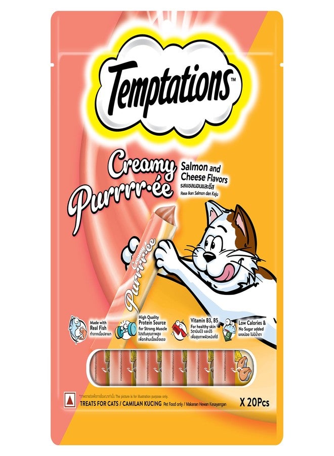 Temptations Creamy Purrrr-ée Lickable Cat Treats, Salmon & Cheese Flavors, 12g x 20 Packs (240g), Made with Real Fish, Rich in Protein, Vitamin B3, B5, Low Calorie & No Added Sugar, Adult - Image 1