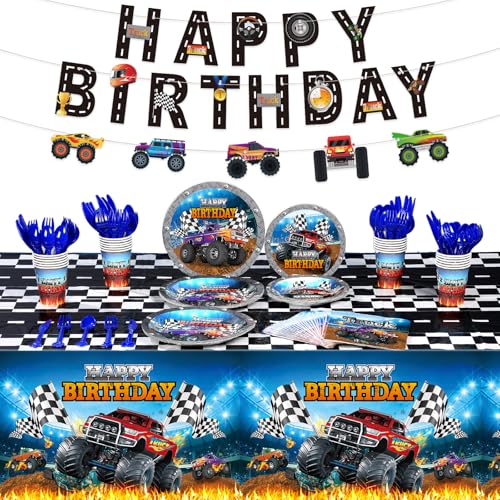 Sabary 173 Pcs Monster Truck Birthday Party Supplies Serves 24 Monster Truck Tablecloth Banner Plates Napkins Tableware Set for Themed Birthday Party Decorations - Image 1