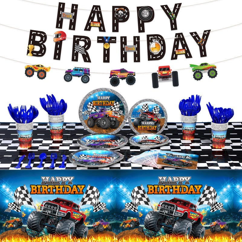 Sabary 173 Pcs Monster Truck Birthday Party Supplies Serves 24 Monster Truck Tablecloth Banner Plates Napkins Tableware Set for Themed Birthday Party Decorations - Image 3