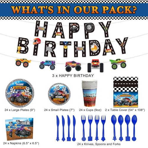 Sabary 173 Pcs Monster Truck Birthday Party Supplies Serves 24 Monster Truck Tablecloth Banner Plates Napkins Tableware Set for Themed Birthday Party Decorations - Image 5