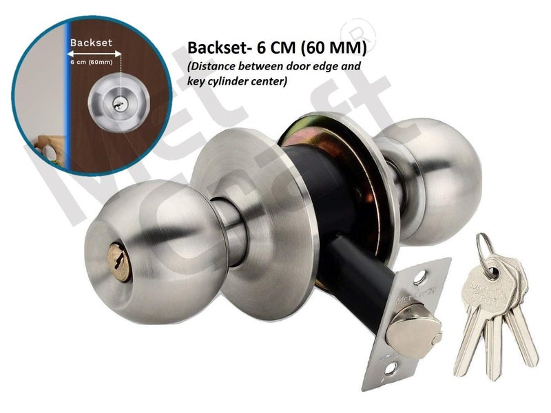 Met Craft Room Door Knob Lock - with 3 Brass Key Cylindrical Lock for Bedroom/Main Door/Tubular Door Knob/Handle (Silver Matt, 60 mm Backset) - Image 2