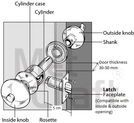 Met Craft Room Door Knob Lock - with 3 Brass Key Cylindrical Lock for Bedroom/Main Door/Tubular Door Knob/Handle (Silver Matt, 60 mm Backset) - Image 3