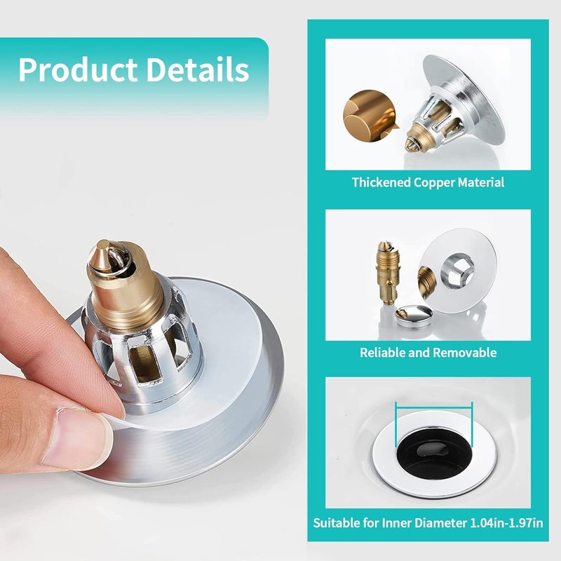 HAPPUP Sink Stopper, Bathroom Sink Drain Strainer with Hair Catcher, for 1.04’’~1.97’’ Drain Hole, Brass Universal Drain Cover, Pop Up Basin Plug - Image 4