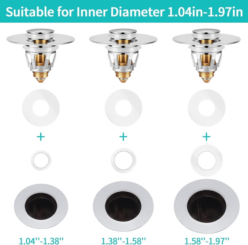 HAPPUP Sink Stopper, Bathroom Sink Drain Strainer with Hair Catcher, for 1.04’’~1.97’’ Drain Hole, Brass Universal Drain Cover, Pop Up Basin Plug - Image 5