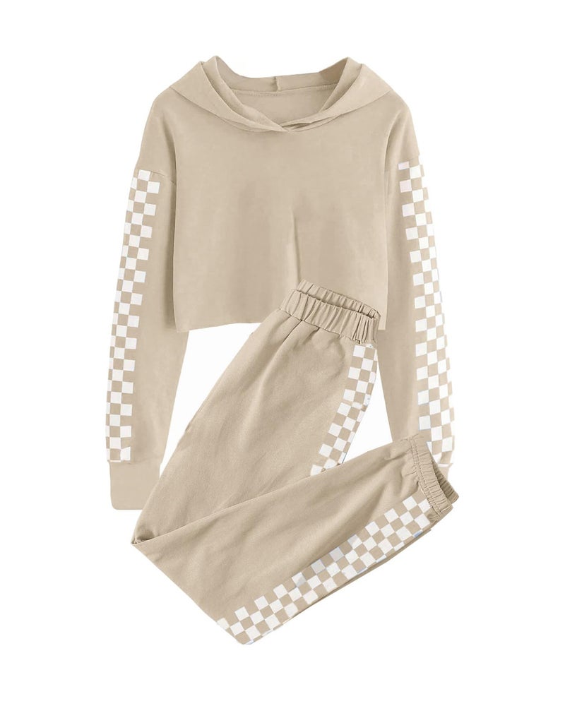 Meikulo Crop Tops for Teen Girls Hoodies Two Piece Outfits Tracksuit Activewear Kids Cute Long Sleeve Sweatshirts Sweatpants Beige, 13-14 Years - Image 1