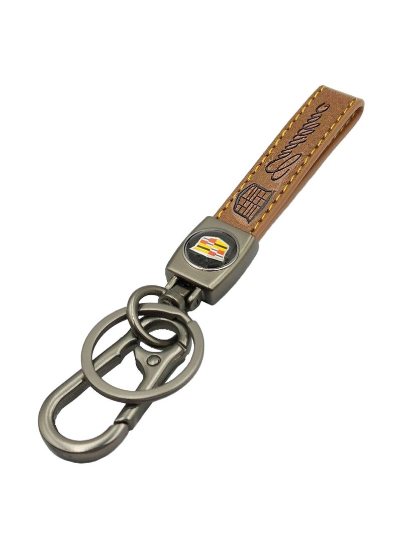 Cadillac Premium Car Key Chain Metal Ring PU Leather Strap Keychain - Image 1