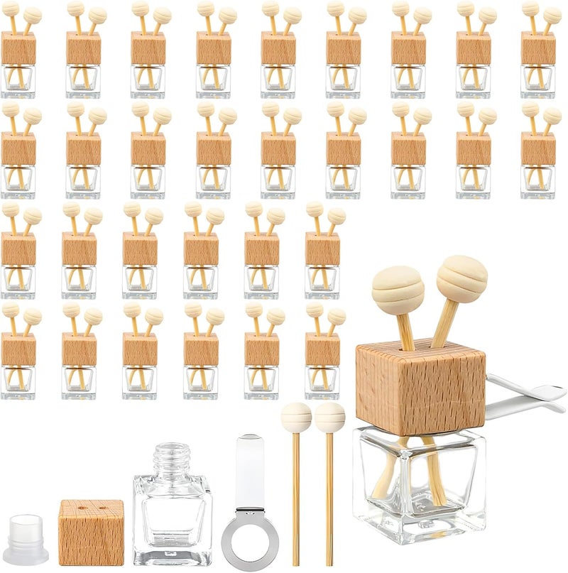 Xaztr 30 Pack Car Diffuser Air Freshener Bottle - 8 ml Clear Glass Essential Oil Diffuser with Wooden Caps and Vent Clip - Image 1
