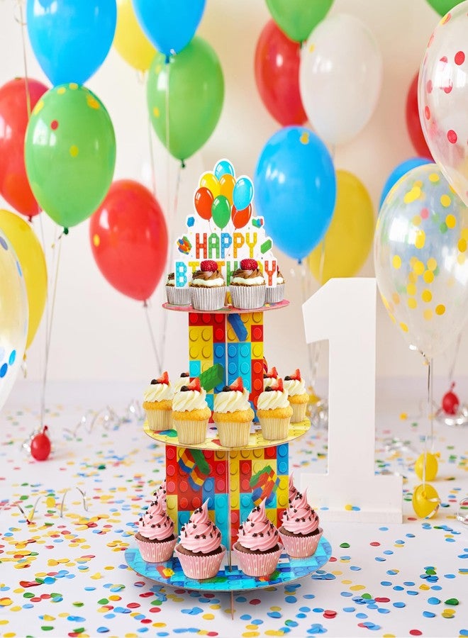Eaezerav Building Block Cupcake Stand 3 Tier Birthday Party Supplies for Kids Adults Colorful Blocks Construction Cupcake Holder Brick Cake Stand Cardboard Dessert Tower Topper Cake Decorations - Image 3