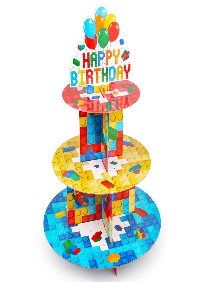 Eaezerav Building Block Cupcake Stand 3 Tier Birthday Party Supplies for Kids Adults Colorful Blocks Construction Cupcake Holder Brick Cake Stand Cardboard Dessert Tower Topper Cake Decorations - Image 1