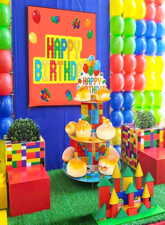 Eaezerav Building Block Cupcake Stand 3 Tier Birthday Party Supplies for Kids Adults Colorful Blocks Construction Cupcake Holder Brick Cake Stand Cardboard Dessert Tower Topper Cake Decorations - Image 5