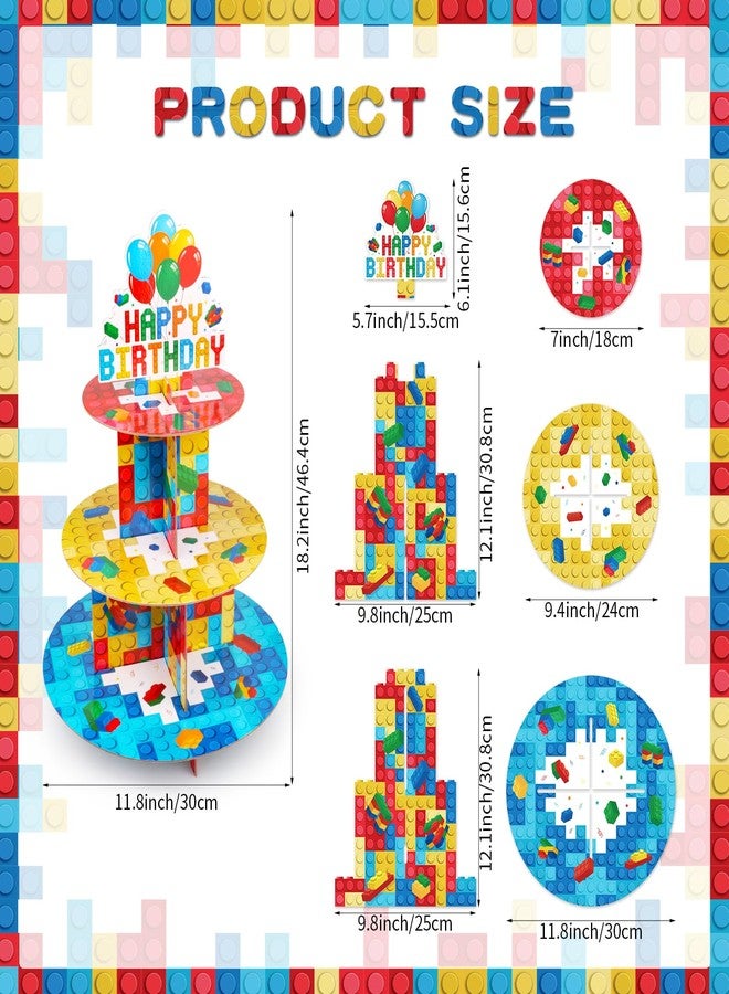 Eaezerav Building Block Cupcake Stand 3 Tier Birthday Party Supplies for Kids Adults Colorful Blocks Construction Cupcake Holder Brick Cake Stand Cardboard Dessert Tower Topper Cake Decorations - Image 2
