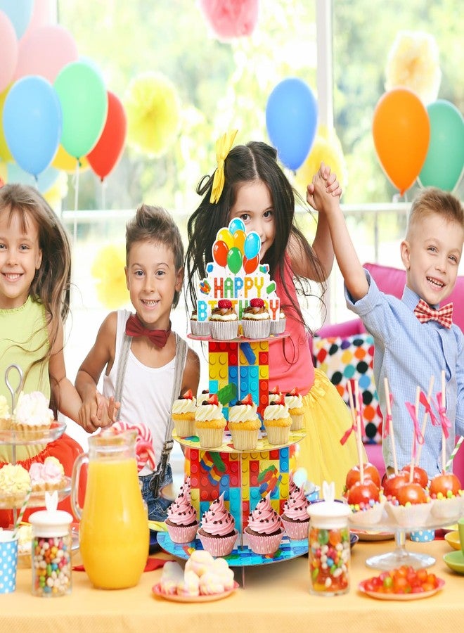 Eaezerav Building Block Cupcake Stand 3 Tier Birthday Party Supplies for Kids Adults Colorful Blocks Construction Cupcake Holder Brick Cake Stand Cardboard Dessert Tower Topper Cake Decorations - Image 4
