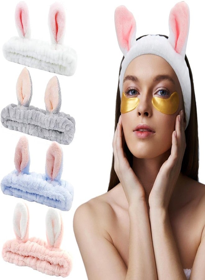 AHONEY Bunny Ears Headband, 4Pcs Skin Care Headbadns Fuzzy Headband for Washing Face Kawaii Makeup Cute Headbands Coral Fleece Elastic Hair Band Easter Bunnies Cosmetic - Image 1