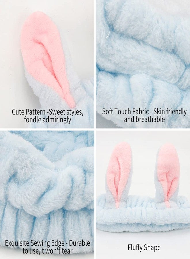 AHONEY Bunny Ears Headband, 4Pcs Skin Care Headbadns Fuzzy Headband for Washing Face Kawaii Makeup Cute Headbands Coral Fleece Elastic Hair Band Easter Bunnies Cosmetic - Image 4