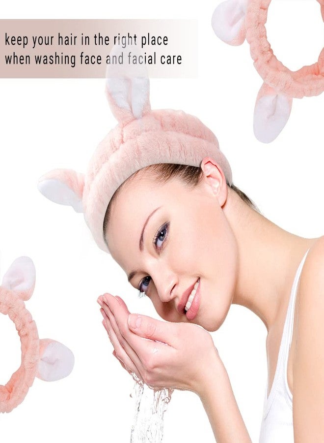 AHONEY Bunny Ears Headband, 4Pcs Skin Care Headbadns Fuzzy Headband for Washing Face Kawaii Makeup Cute Headbands Coral Fleece Elastic Hair Band Easter Bunnies Cosmetic - Image 2