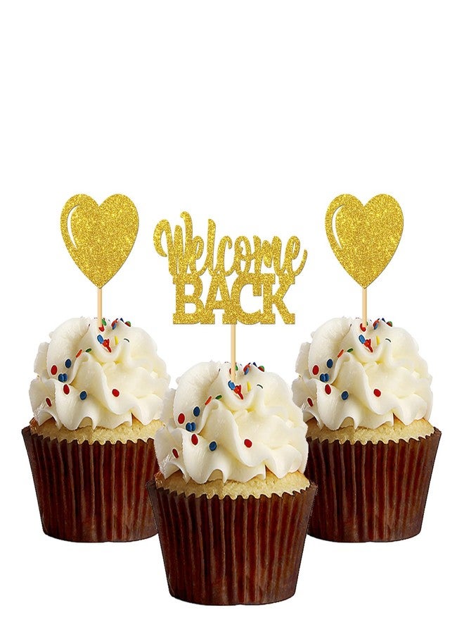 MonMon & Craft 24 Pcs Gold Glitter Welcome Back Cupcake Toppers - Housewarming, Retirement Party Decorations - Image 1