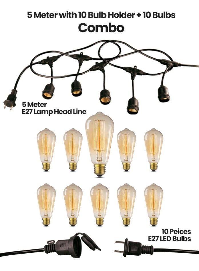 MODI Vintage Warm White LED String Light Set – 5M Cable with 10 Bulb Holders + 10 Edison-Style LED Bulbs – Indoor & Outdoor Decorative Lighting - Image 2