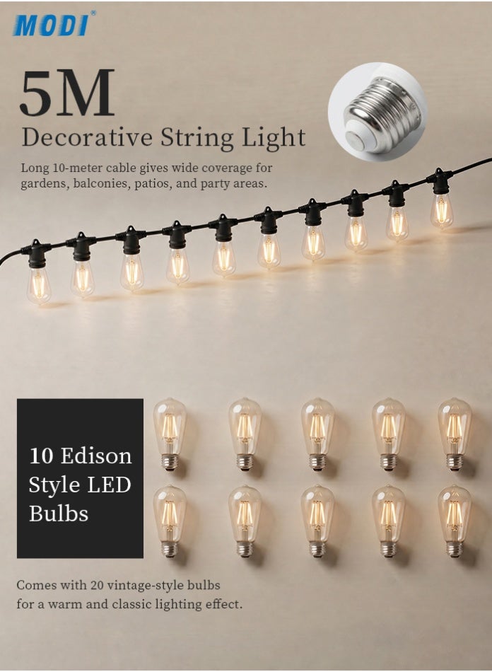 مودي مجموعة إضاءة LED عتيقة بطول 5 أمتار، لون أبيض دافئ - سلك بطول 5 أمتار مع 10 حوامل مصابيح + 10 مصابيح LED على طراز إديسون - إضاءة ديكورية داخلية وخارجية - Image 2