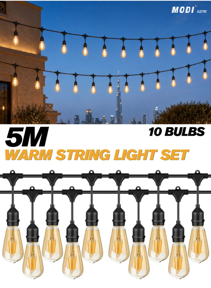مودي مجموعة إضاءة LED عتيقة بطول 5 أمتار، لون أبيض دافئ - سلك بطول 5 أمتار مع 10 حوامل مصابيح + 10 مصابيح LED على طراز إديسون - إضاءة ديكورية داخلية وخارجية - Image 1