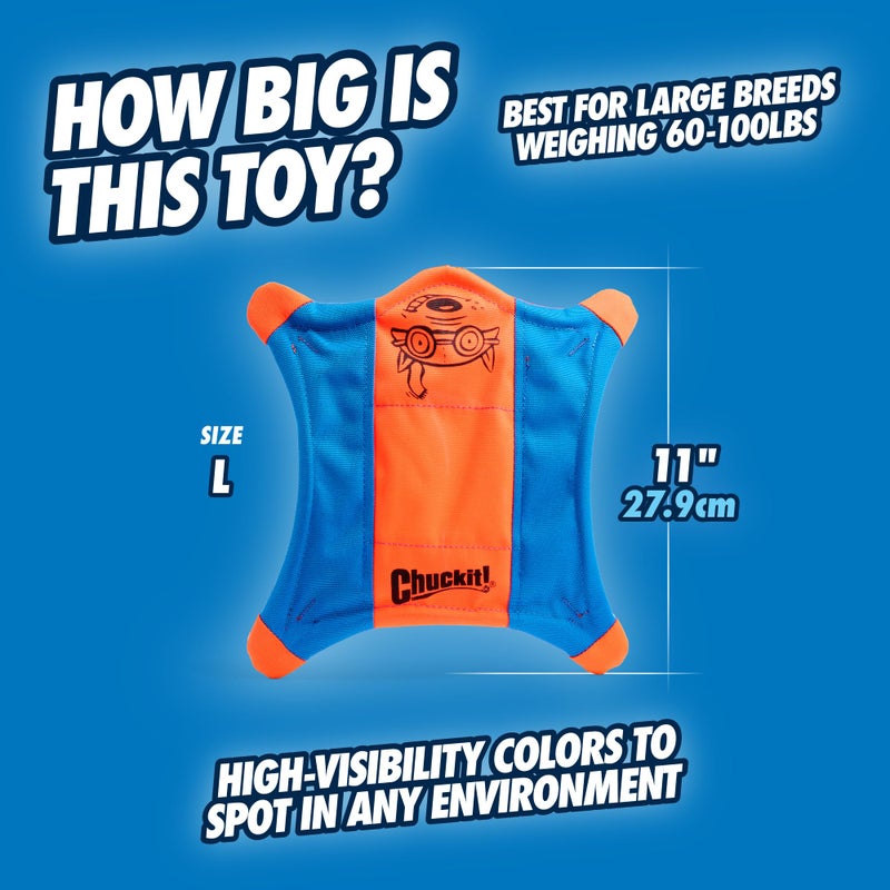 Chuckit! Flying Squirrel Fetch Dog Toy - Water Floating Flyer - Soft and Durable Polyester Canvas Construction - For Large Dogs - Size Large - 11-inch Diameter - Pack of 1 - Orange and Blue - Image 3