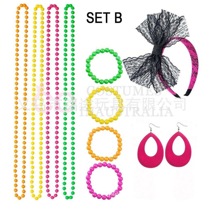 1980s Bachelor Party Costume Four Color Neon Necklace Bracelet Lightning Earrings Fishing Net Gloves Leg Socks Six Set19PESET8BB 19PESET8BB