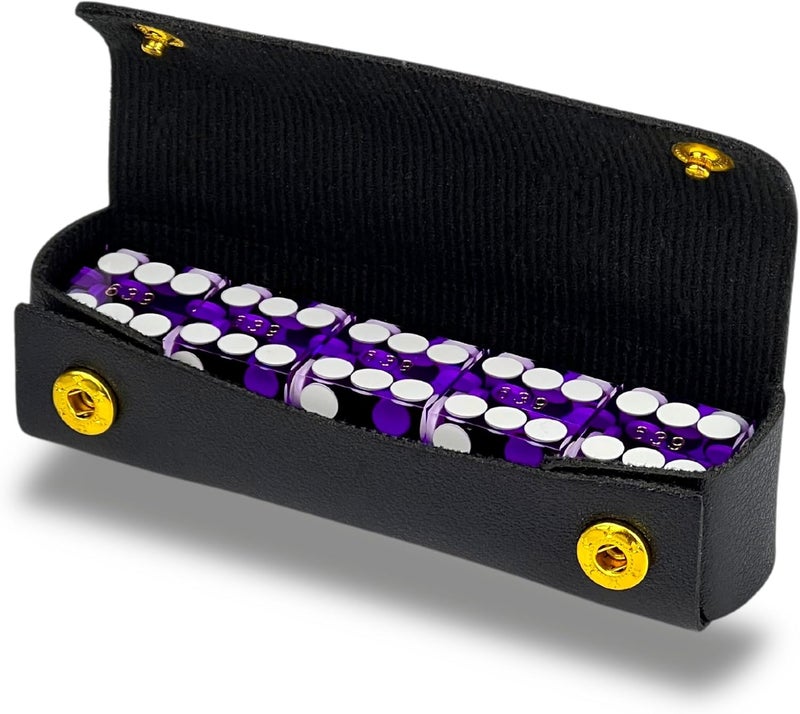 Luck Lab Grade AAA 19mm Casino Dice with Razor Edges and Matching Serial Numbers Set of 5 and Leather Dice Case (Purple) - Image 1