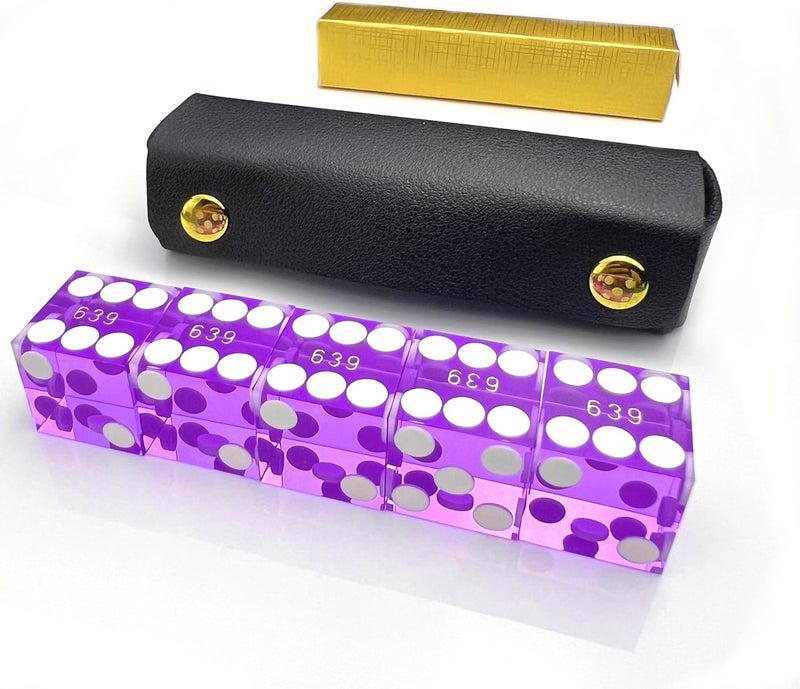 Luck Lab Grade AAA 19mm Casino Dice with Razor Edges and Matching Serial Numbers Set of 5 and Leather Dice Case (Purple) - Image 2