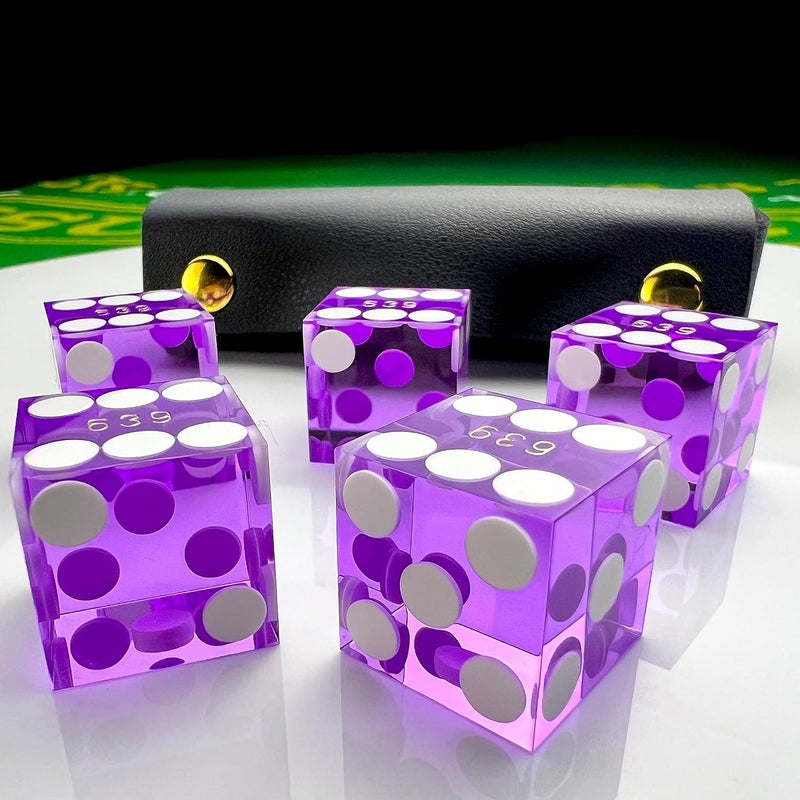 Luck Lab Grade AAA 19mm Casino Dice with Razor Edges and Matching Serial Numbers Set of 5 and Leather Dice Case (Purple) - Image 5
