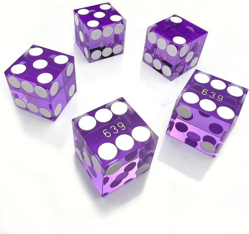Luck Lab Grade AAA 19mm Casino Dice with Razor Edges and Matching Serial Numbers Set of 5 and Leather Dice Case (Purple) - Image 3