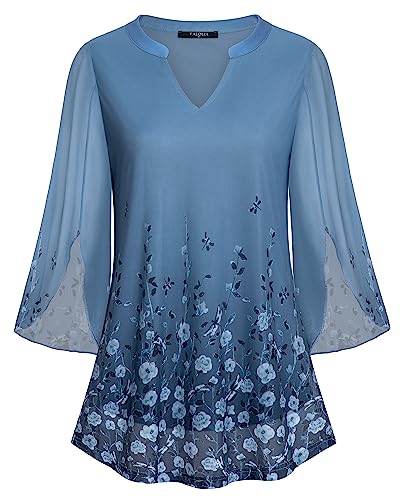VALOLIA Women's Tunics, 3/4 Sleeve Business Casual Tunic Blouse for Women Formal Tops Long Sleeve Chiffon Tops and Blouses Comfy A-Line Pleated T-Shirt Blouse Top for Autumn Multi Blue XX-Large - Image 1