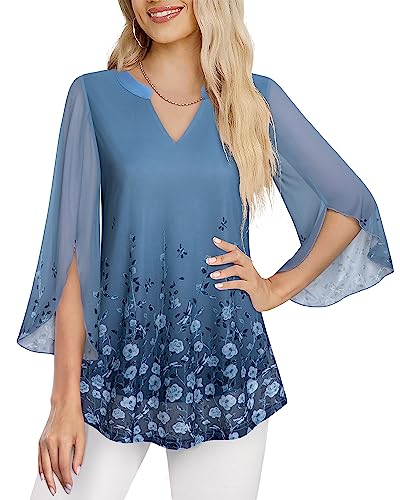VALOLIA Women's Tunics, 3/4 Sleeve Business Casual Tunic Blouse for Women Formal Tops Long Sleeve Chiffon Tops and Blouses Comfy A-Line Pleated T-Shirt Blouse Top for Autumn Multi Blue XX-Large - Image 2