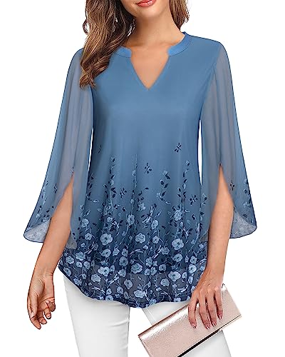 VALOLIA Women's Tunics, 3/4 Sleeve Business Casual Tunic Blouse for Women Formal Tops Long Sleeve Chiffon Tops and Blouses Comfy A-Line Pleated T-Shirt Blouse Top for Autumn Multi Blue XX-Large - Image 3