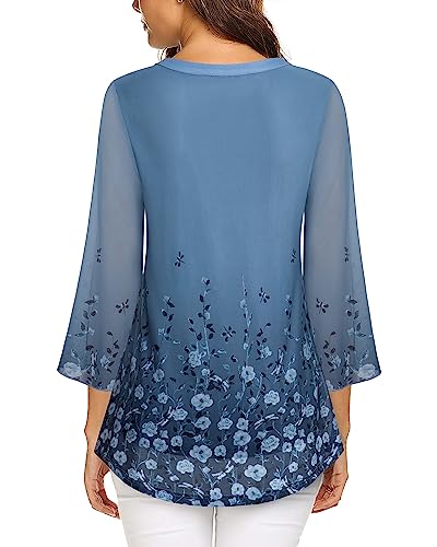 VALOLIA Women's Tunics, 3/4 Sleeve Business Casual Tunic Blouse for Women Formal Tops Long Sleeve Chiffon Tops and Blouses Comfy A-Line Pleated T-Shirt Blouse Top for Autumn Multi Blue XX-Large - Image 4
