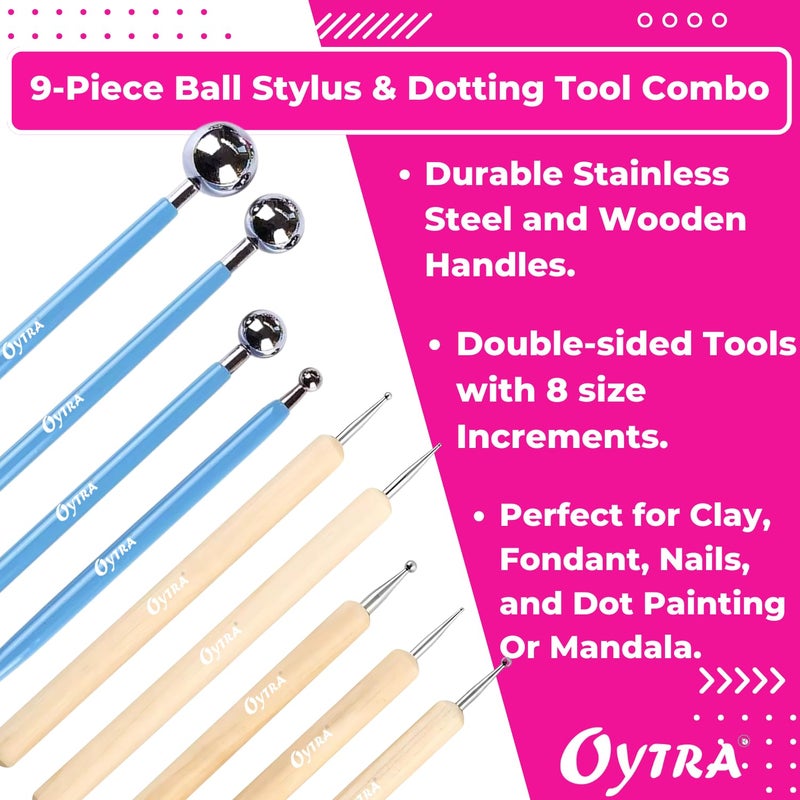 Oytra Dotting Tools 9 Pcs/Set for Clay Dot Mandala Embossing Modelling Ball Stainless Steel Wooden Tool for Fondant Cake Decorating Nail Art Rock Painting for Beginners Artists Adults - Image 2