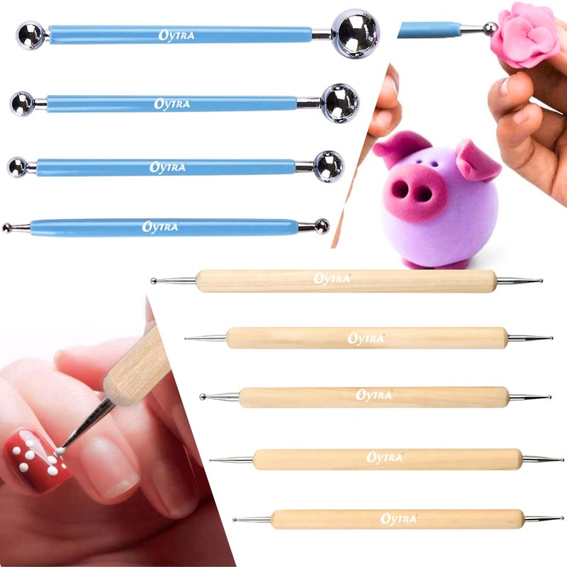 Oytra Dotting Tools 9 Pcs/Set for Clay Dot Mandala Embossing Modelling Ball Stainless Steel Wooden Tool for Fondant Cake Decorating Nail Art Rock Painting for Beginners Artists Adults - Image 1
