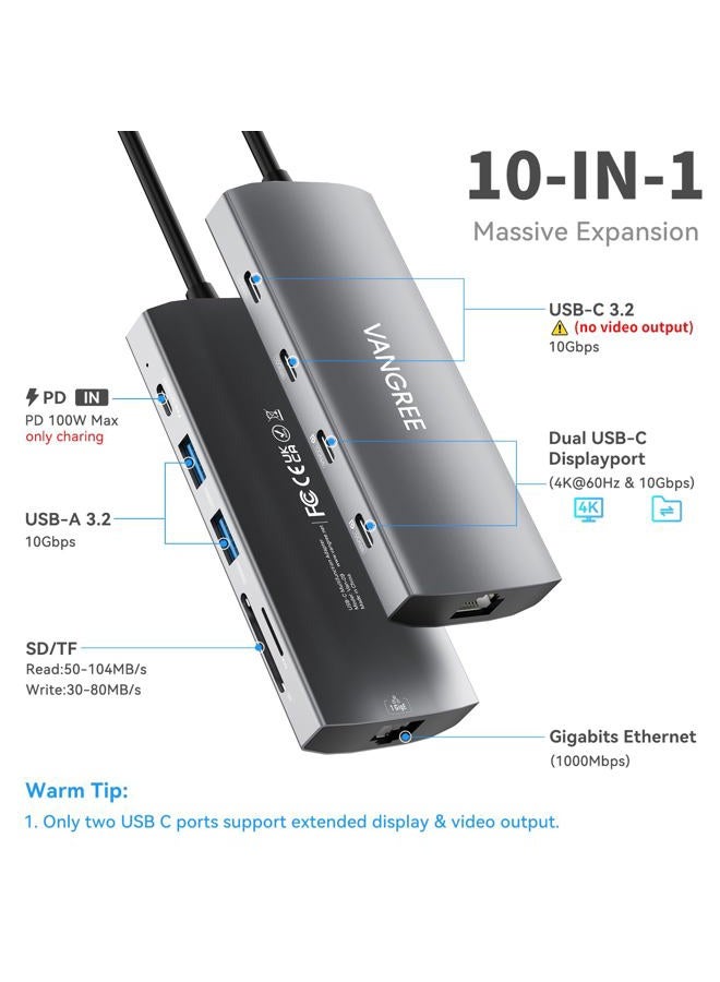 VANGREE USB-C Hub with Dual 4K@60Hz DisplayPorts, 2×USB-A & 2× USB-C 3.2 (10Gbps), Gigabit Ethernet, 100W PD, SD/TF Card Reader - Docking Station for MacBook Pro/Air, iMac, iPad Pro, XPS, ThinkPad, Surface - Image 2