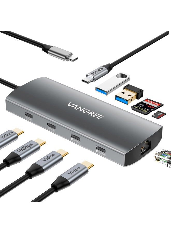 USB-C Hub with Dual 4K@60Hz DisplayPorts, 2×USB-A & 2× USB-C 3.2 (10Gbps), Gigabit Ethernet, 100W PD, SD/TF Card Reader - Docking Station for MacBook Pro/Air, iMac, iPad Pro, XPS, ThinkPad, Surface