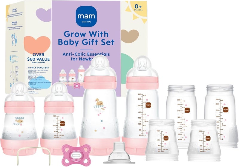 MAM Grow with Baby 15-Piece Gift Set, Newborn 0-4 Months, Anti-Colic Bottles and Silicone SkinSoft, Essential Baby Items, Girl - Image 1