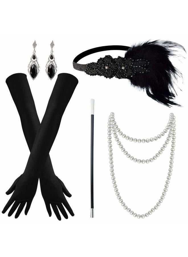 Tongcloud 1920s Women Accessories Headband Necklace Gloves Flapper Costume Set 1920s Accessories for Women (Black) - Image 1