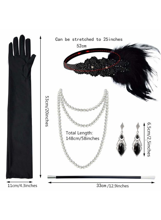 Tongcloud 1920s Women Accessories Headband Necklace Gloves Flapper Costume Set 1920s Accessories for Women (Black) - Image 2