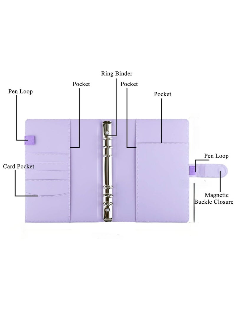 DUNISO غلاف دفتر ملاحظات A6 6 حلقات، دفتر جلد PU، قفل مغناطيسي، مع 80 ورقة A6، قابل لإعادة التعبئة، للتخطيط الشخصي، بنفسجي - Image 4
