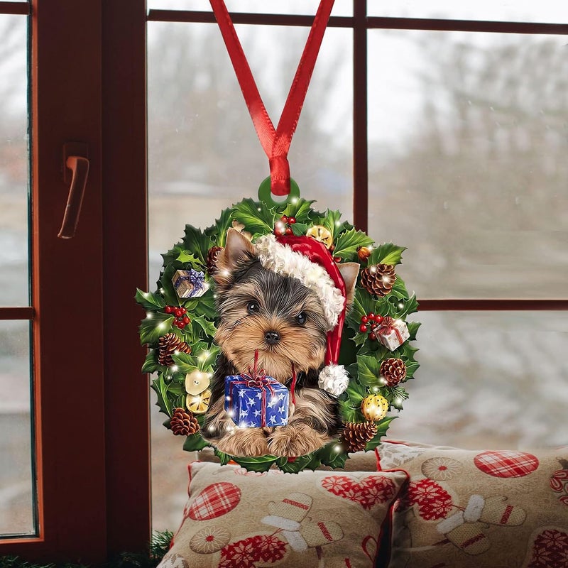 Unifizz Wreath Yorkie Dog Wearing A Christmas Hat 2D Flat Car Rear View Mirror Accessories Hanging Charm Interior Rearview Pendant Decor Gift Christmas Tree Ornament Decoration - Image 5