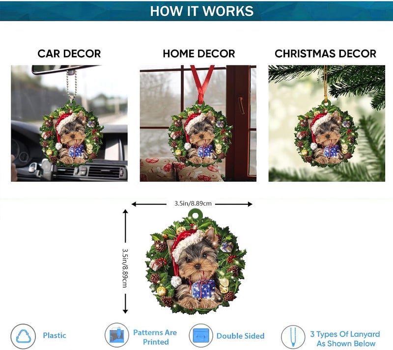 Unifizz Wreath Yorkie Dog Wearing A Christmas Hat 2D Flat Car Rear View Mirror Accessories Hanging Charm Interior Rearview Pendant Decor Gift Christmas Tree Ornament Decoration - Image 3
