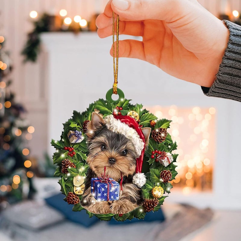 Unifizz Wreath Yorkie Dog Wearing A Christmas Hat 2D Flat Car Rear View Mirror Accessories Hanging Charm Interior Rearview Pendant Decor Gift Christmas Tree Ornament Decoration - Image 4
